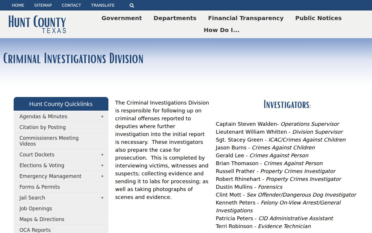 Hunt County arrest records Sheriff CID request instructions