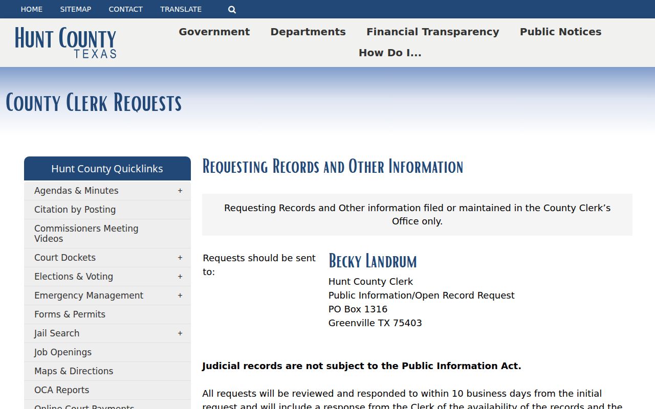 Hunt County misdemeanor criminal records request information
